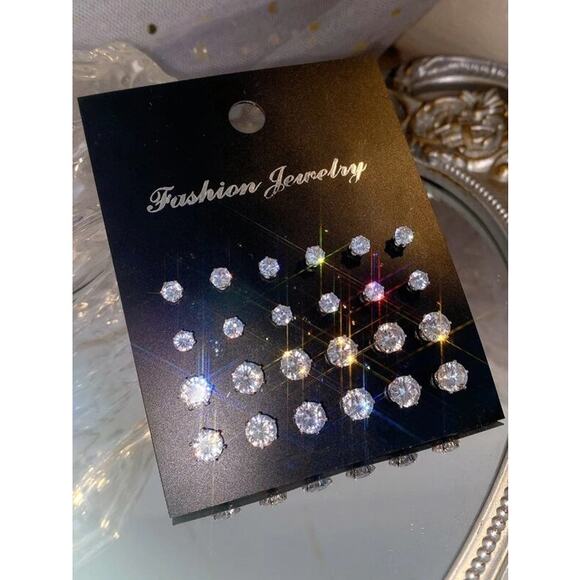 New 12 Pairs Round‎ Cubic Zirconia CZ Stud Silver Earrings Different Sizes Men - Picture 1 of 3